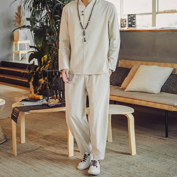 Buddha Stones 2Pcs Cotton Shirt Ankle-Length Pants With Pockets Men's Meditation Cloth Set