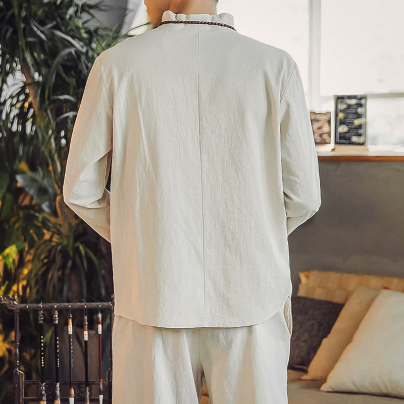 Buddha Stones 2Pcs Cotton Shirt Ankle-Length Pants With Pockets Men's Meditation Cloth Set