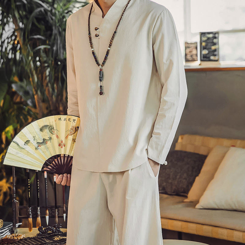 Buddha Stones 2Pcs Cotton Shirt Ankle-Length Pants With Pockets Men's Meditation Cloth Set