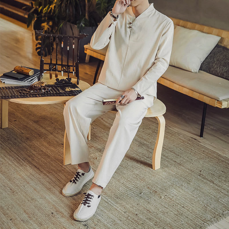 Buddha Stones 2Pcs Cotton Shirt Ankle-Length Pants With Pockets Men's Meditation Cloth Set