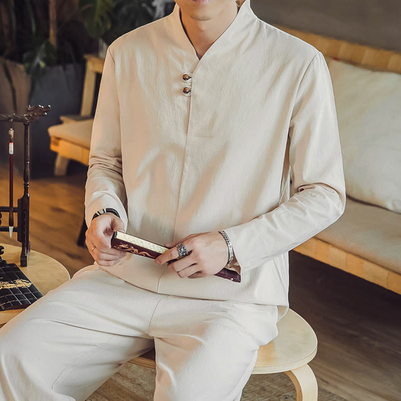 Buddha Stones 2Pcs Cotton Shirt Ankle-Length Pants With Pockets Men's Meditation Cloth Set