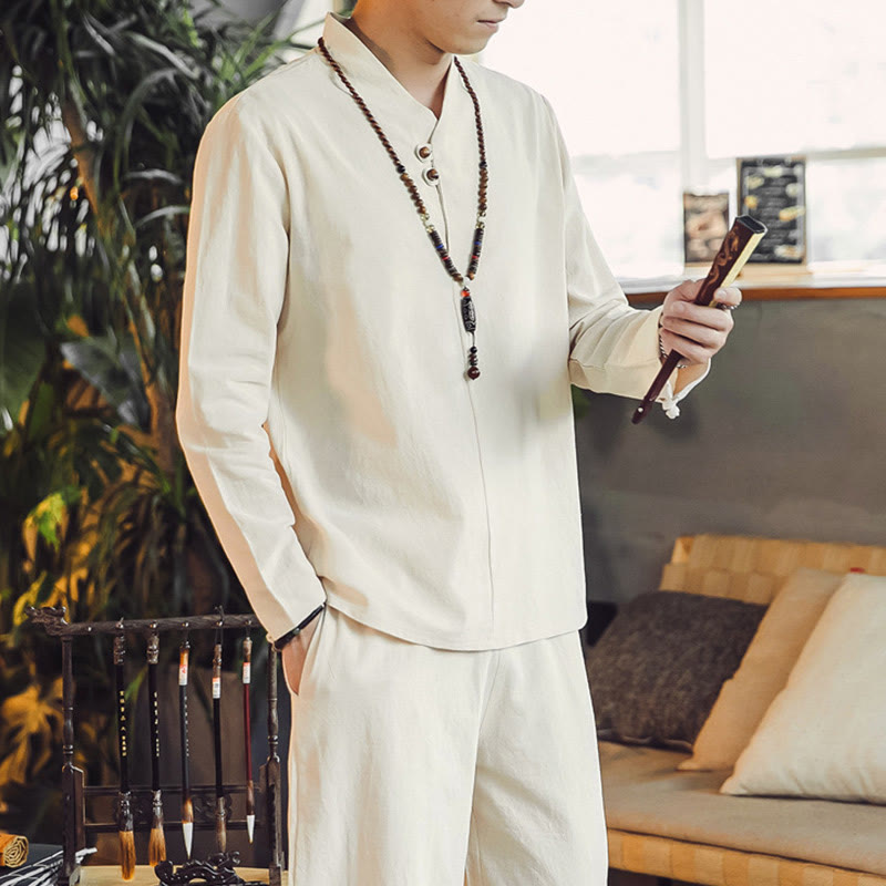 Buddha Stones 2Pcs Cotton Shirt Ankle-Length Pants With Pockets Men's Meditation Cloth Set