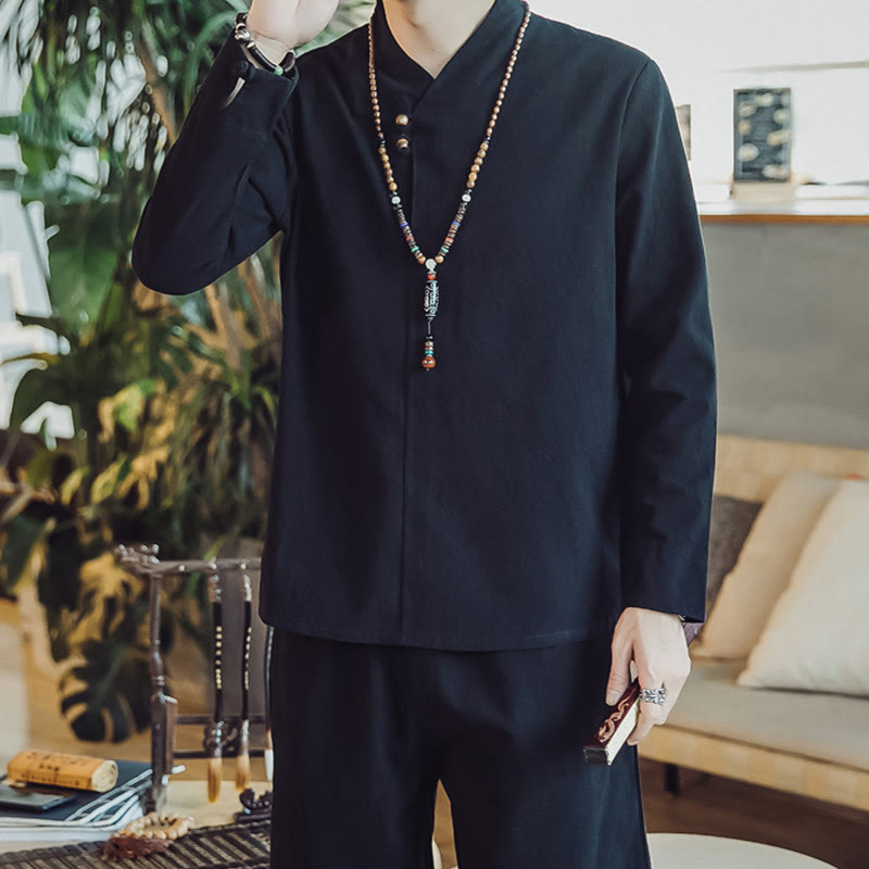 Buddha Stones 2Pcs Cotton Shirt Ankle-Length Pants With Pockets Men's Meditation Cloth Set