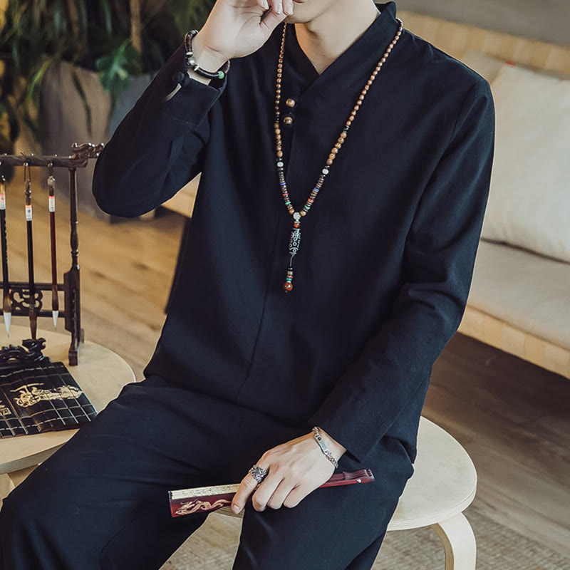 Buddha Stones 2Pcs Cotton Shirt Ankle-Length Pants With Pockets Men's Meditation Cloth Set