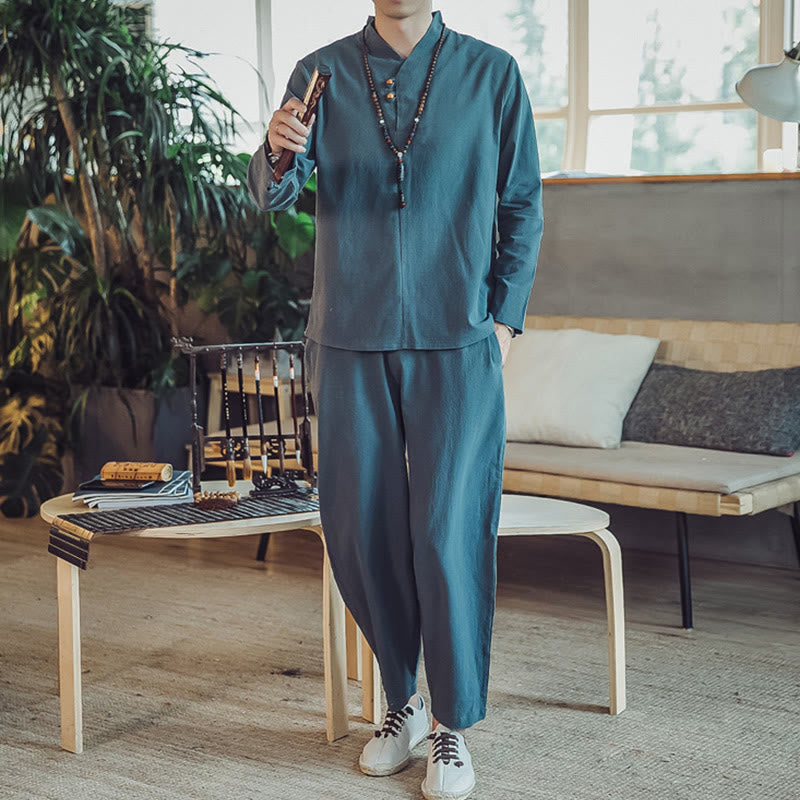 Buddha Stones 2Pcs Cotton Shirt Ankle-Length Pants With Pockets Men's Meditation Cloth Set