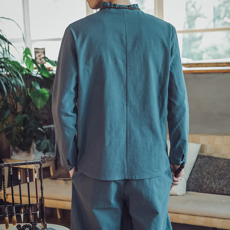 Buddha Stones 2Pcs Cotton Shirt Ankle-Length Pants With Pockets Men's Meditation Cloth Set