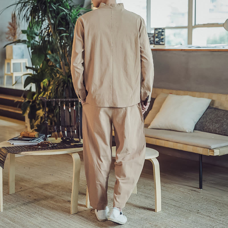 Buddha Stones 2Pcs Cotton Shirt Ankle-Length Pants With Pockets Men's Meditation Cloth Set