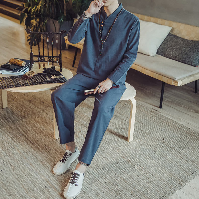 Buddha Stones 2Pcs Cotton Shirt Ankle-Length Pants With Pockets Men's Meditation Cloth Set