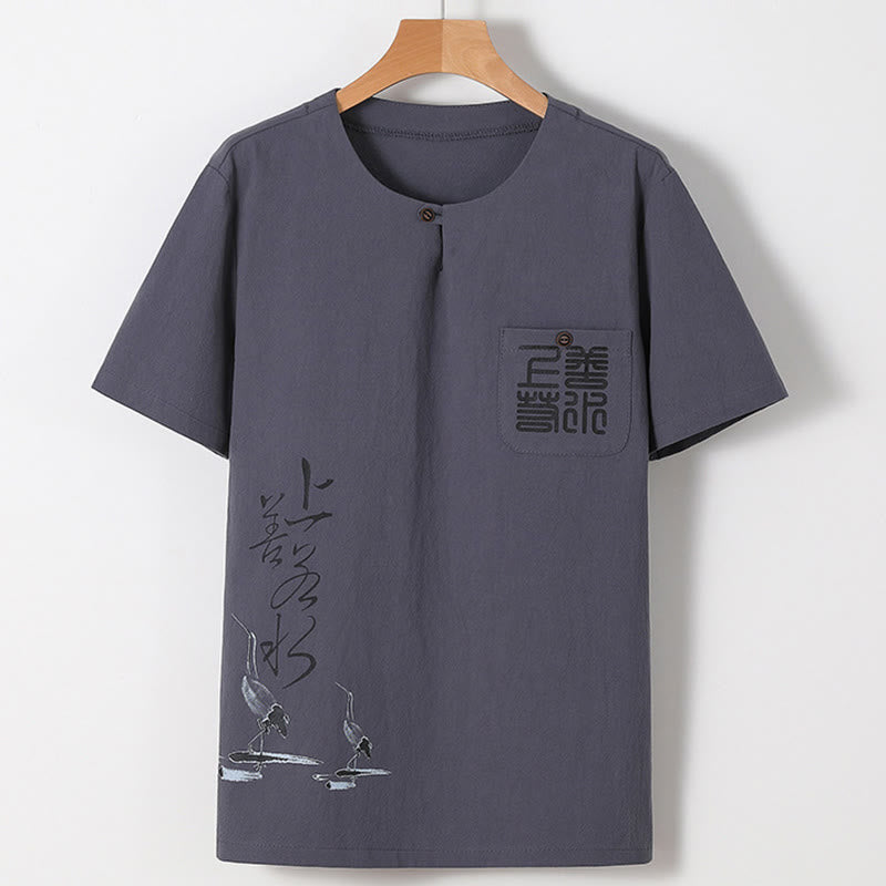 Buddha Stones 2Pcs Chinese Characters Crane Cotton Shirt Pants With Pockets Men's Meditation Cloth Set