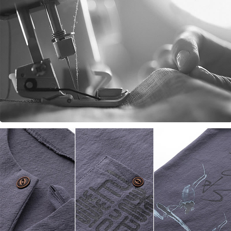 Buddha Stones 2Pcs Chinese Characters Crane Cotton Shirt Pants With Pockets Men's Meditation Cloth Set