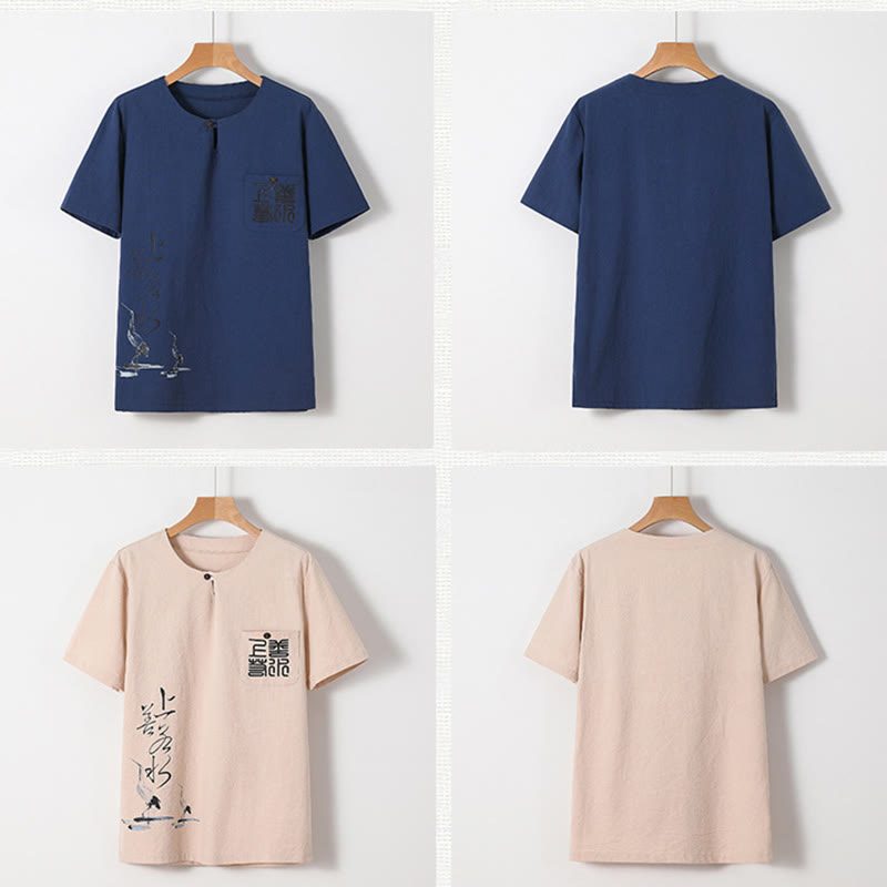 Buddha Stones 2Pcs Chinese Characters Crane Cotton Shirt Pants With Pockets Men's Meditation Cloth Set