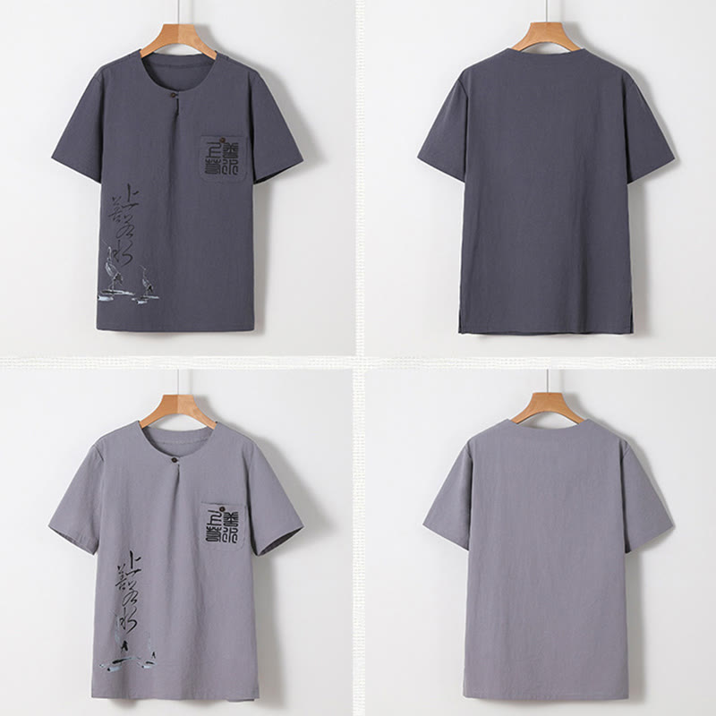 Buddha Stones 2Pcs Chinese Characters Crane Cotton Shirt Pants With Pockets Men's Meditation Cloth Set