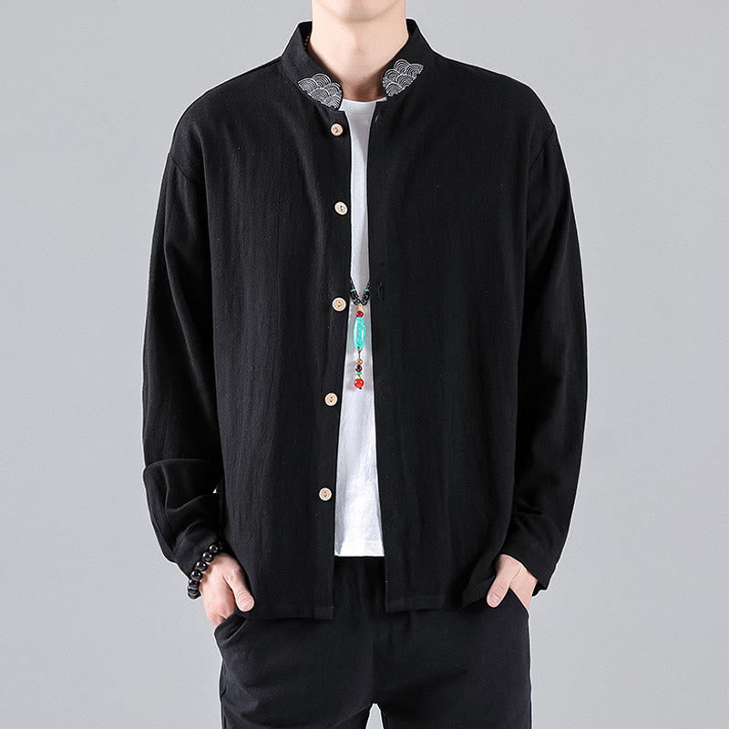 Buddha Stones Embroidered Auspicious Clouds Stand Collar Button Down Long Sleeve Men's Cotton Shirt