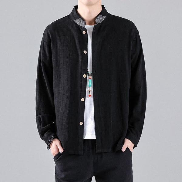 Buddha Stones Embroidered Auspicious Clouds Stand Collar Button Down Long Sleeve Men's Cotton Shirt