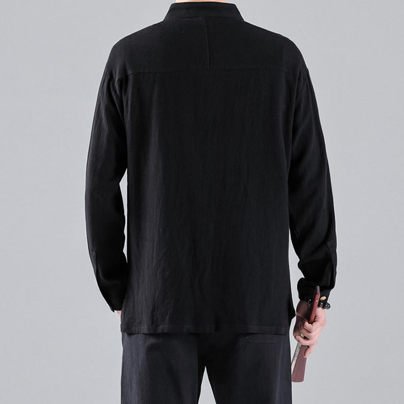 Buddha Stones Embroidered Auspicious Clouds Stand Collar Button Down Long Sleeve Men's Cotton Shirt