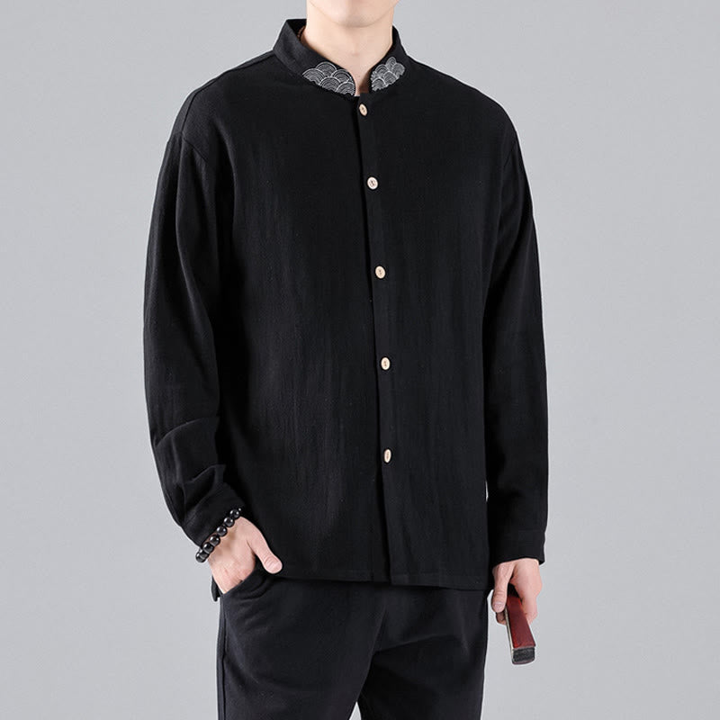 Buddha Stones Embroidered Auspicious Clouds Stand Collar Button Down Long Sleeve Men's Cotton Shirt