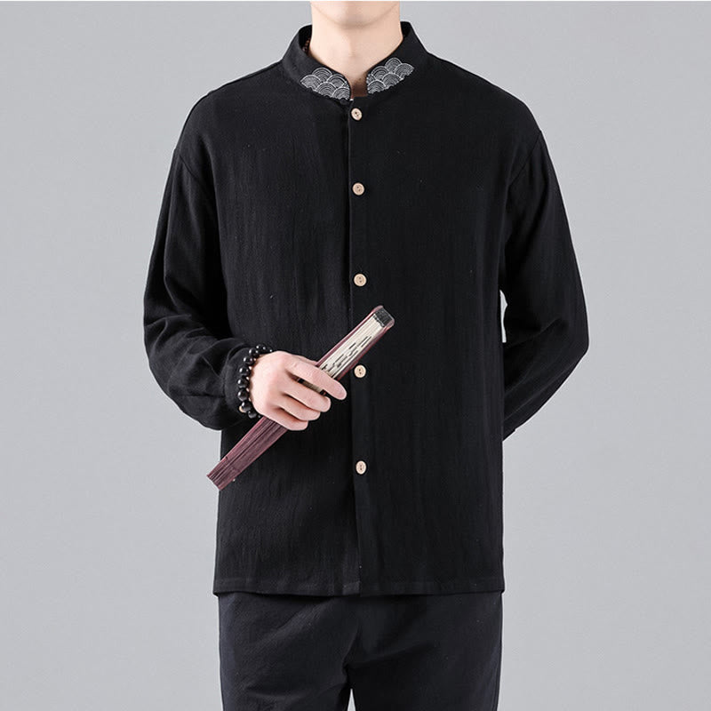 Buddha Stones Embroidered Auspicious Clouds Stand Collar Button Down Long Sleeve Men's Cotton Shirt