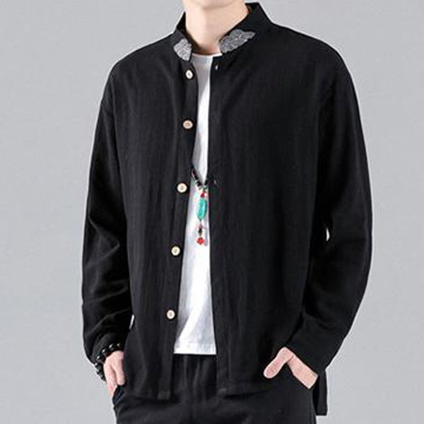 Buddha Stones Embroidered Auspicious Clouds Stand Collar Button Down Long Sleeve Men's Cotton Shirt