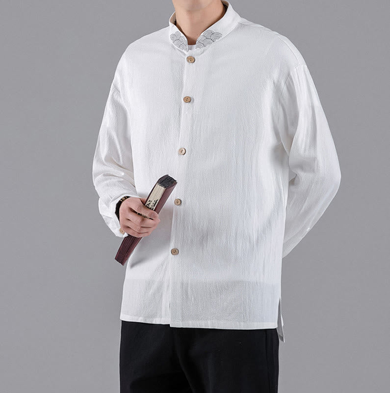 Buddha Stones Embroidered Auspicious Clouds Stand Collar Button Down Long Sleeve Men's Cotton Shirt