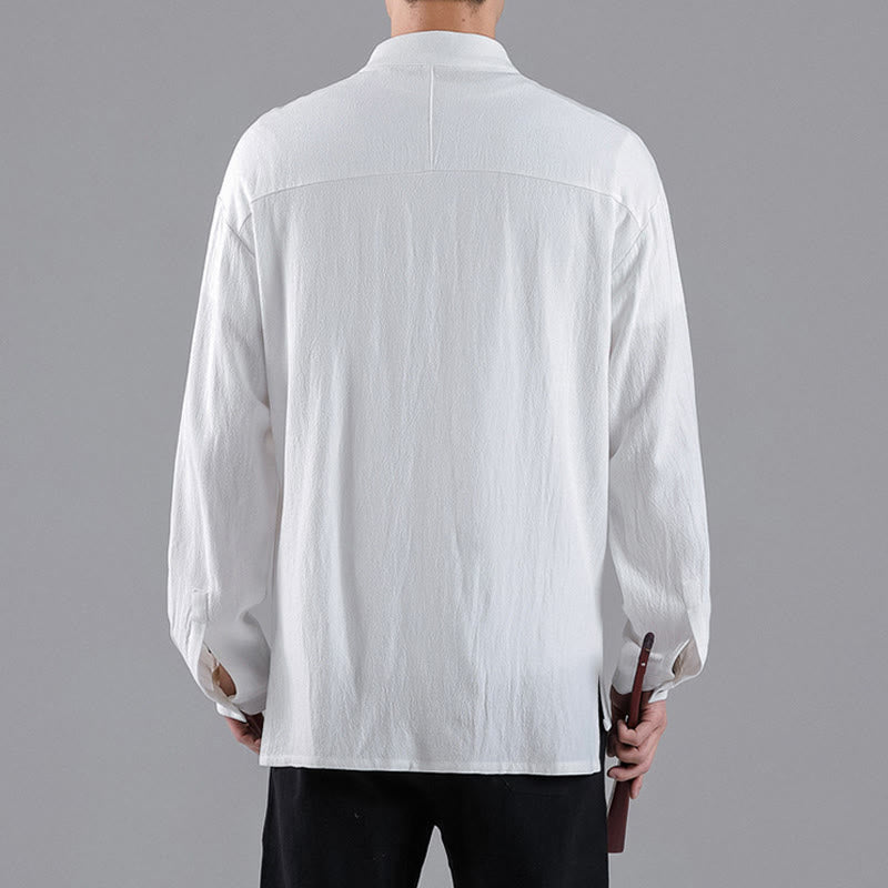 Buddha Stones Embroidered Auspicious Clouds Stand Collar Button Down Long Sleeve Men's Cotton Shirt