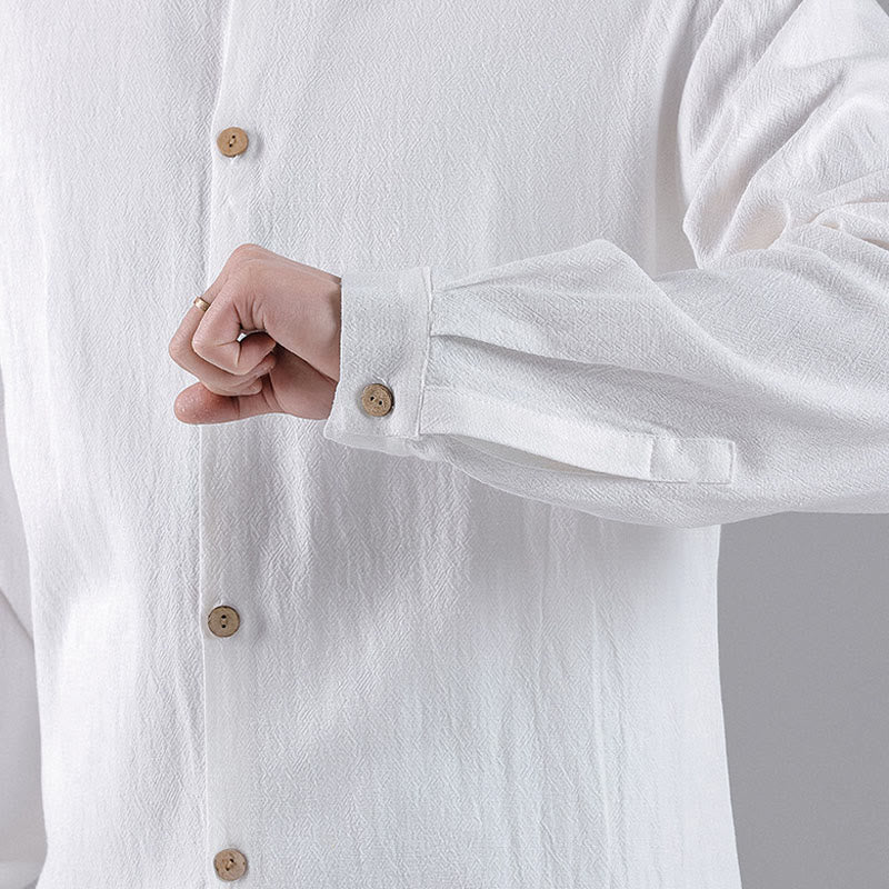 Buddha Stones Embroidered Auspicious Clouds Stand Collar Button Down Long Sleeve Men's Cotton Shirt