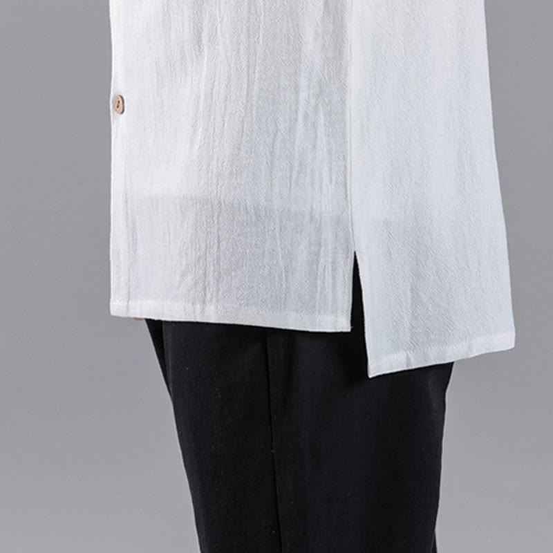 Buddha Stones Embroidered Auspicious Clouds Stand Collar Button Down Long Sleeve Men's Cotton Shirt