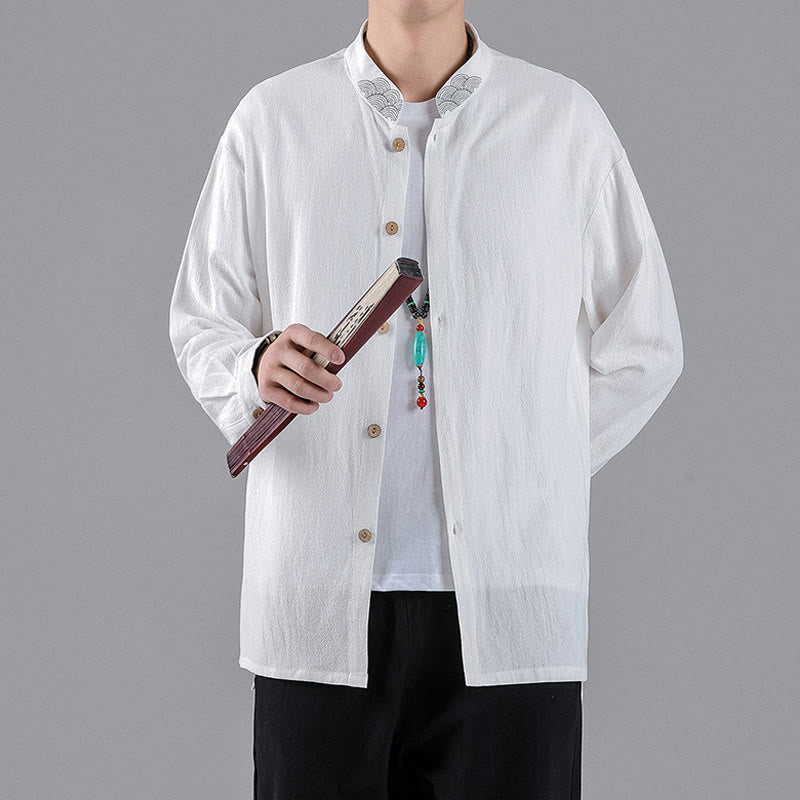 Buddha Stones Embroidered Auspicious Clouds Stand Collar Button Down Long Sleeve Men's Cotton Shirt
