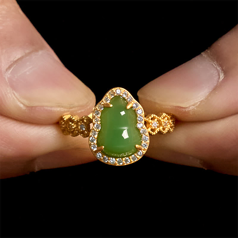 Buddha Stones Vintage Gourd Green Chalcedony Copper Plated Gold Adjustable Wealth Ring