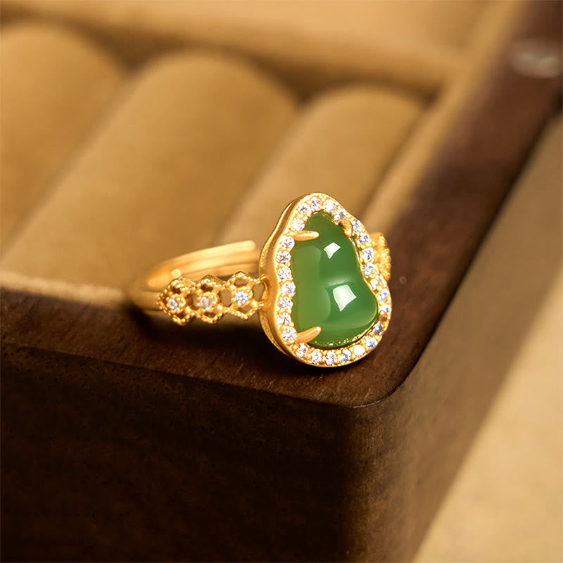 Buddha Stones Vintage Gourd Green Chalcedony Copper Plated Gold Adjustable Wealth Ring