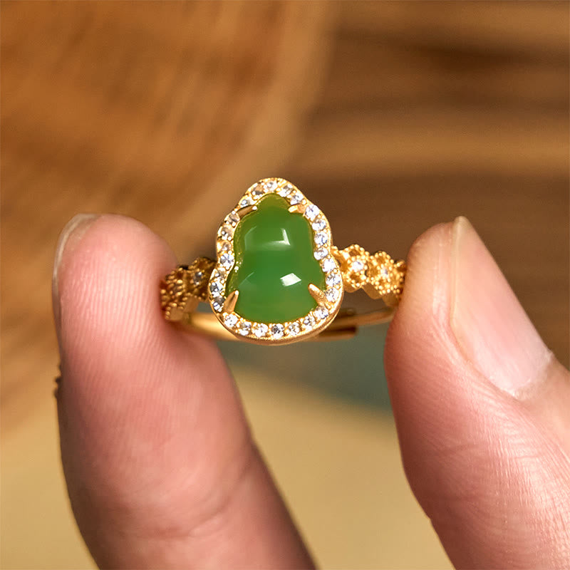 Buddha Stones Vintage Gourd Green Chalcedony Copper Plated Gold Adjustable Wealth Ring
