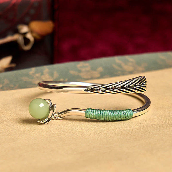 Buddha Stones Copper Alloy Green Bead Charm Luck Cuff Bracelet Bangle