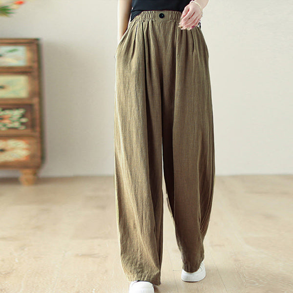 Buddha Stones Commute Button Design Women's Cotton Linen Elastic Waistband Pants With Pockets