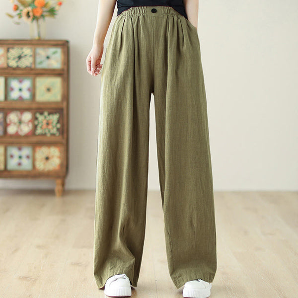 Buddha Stones Commute Button Design Women's Cotton Linen Elastic Waistband Pants With Pockets
