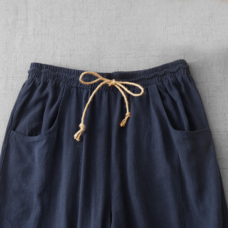 Buddha Stones Casual Pure Color Drawstring Simple Design Women's Cotton Pants With Pockets