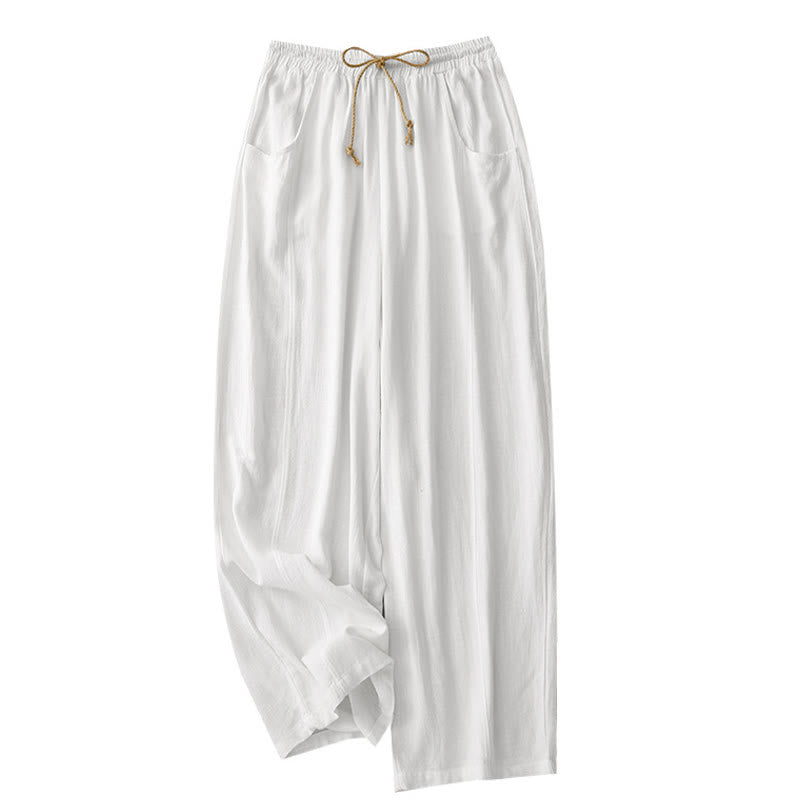 Buddha Stones Casual Pure Color Drawstring Simple Design Women's Cotton Pants With Pockets