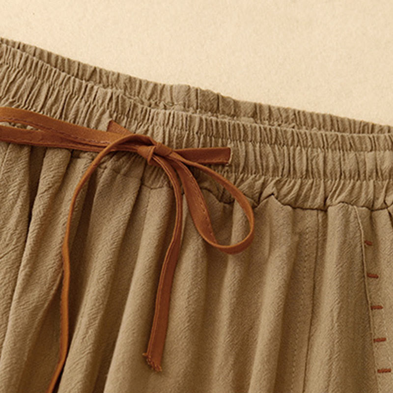 Buddha Stones Casual Side Slits Design Cotton Women's Wide Leg 7-8 Length Pants With Pockets