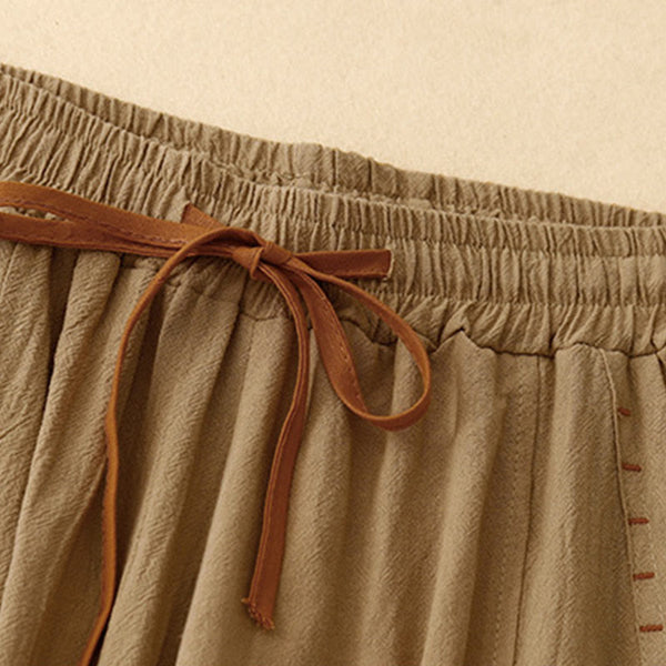 Buddha Stones Casual Side Slits Design Cotton Women's Wide Leg 7-8 Length Pants With Pockets