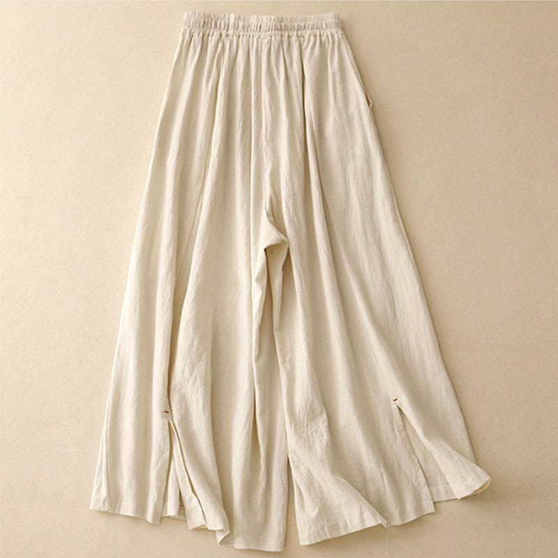 Buddha Stones Casual Side Slits Design Cotton Women's Wide Leg 7-8 Length Pants With Pockets