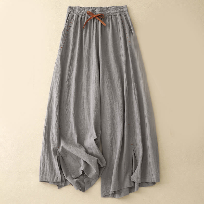 Buddha Stones Casual Side Slits Design Cotton Women's Wide Leg 7-8 Length Pants With Pockets