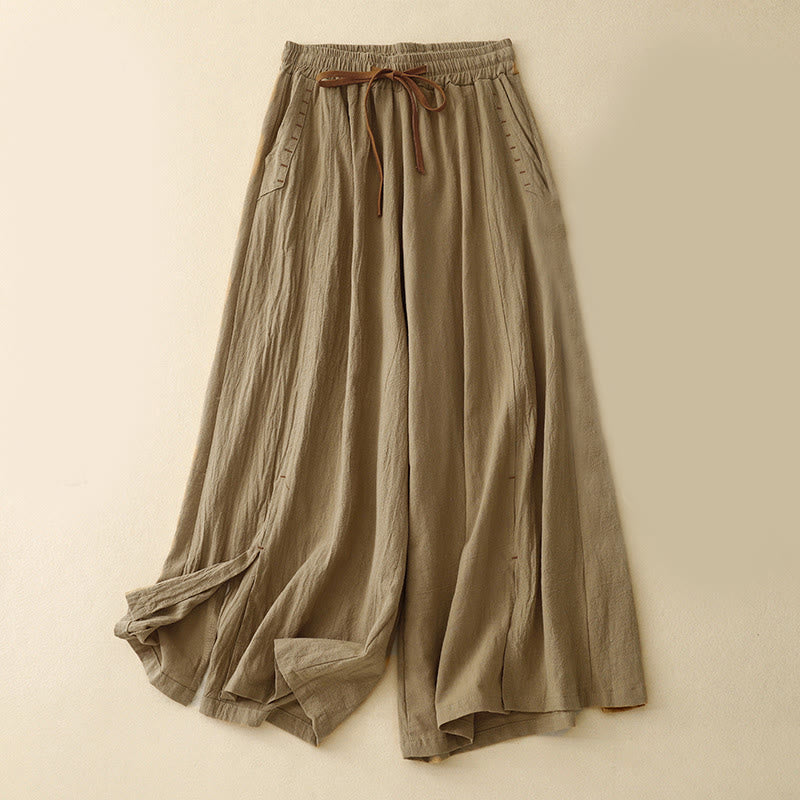 Buddha Stones Casual Side Slits Design Cotton Women's Wide Leg 7-8 Length Pants With Pockets